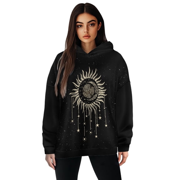 FOR U DESIGNS Black Galaxy Hooded Sweatshirt Loose Casual Pullover Hoodies for Women Size L Oversized Hoodie for Women Activewear Cardigan Long Sleeve Tops Fall