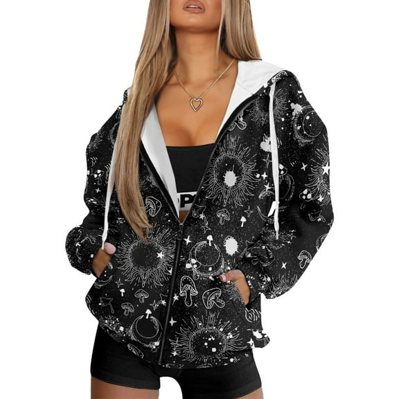 FOR U DESIGNS Black Galaxy Zipper Hoodies for Women Long Oversized Hooded Cardigan Size XS Long Sleeve Sweatshirt for Women Down-Shoulder Collar Hoodie with Pockets