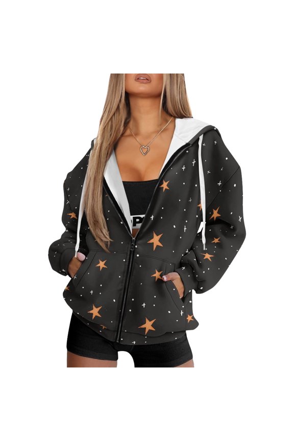 FOR U DESIGNS Black Galaxy Zipper Hoodies for Women Oversized Hooded Sweatshirt Women with Front Zipper Lightweight Sportswear Size M Women Long Sleeve Activewear