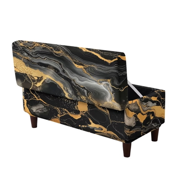 FOR U DESIGNS Black Gold Marble Print Flip-Top Storage Ottoman Slipcover Stretch Footstool Slipcover Washable Rectangle Foot Chest Cover with Elastic Band, Non-Slip Anti-Dust Stool Protector