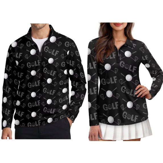 FOR U DESIGNS Black Golf Ball Print Matching Golf Shirts for Couples Long Sleeve Quick Dry Polo Shirts 1/4 Zip UP Moisture Wicking Outfits for Men Women