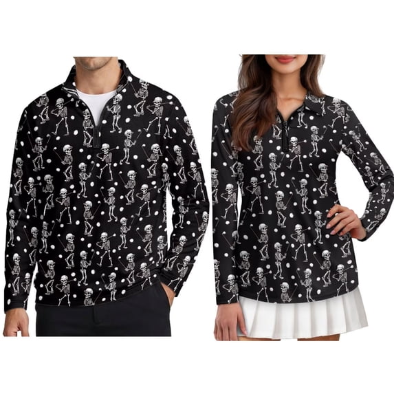 FOR U DESIGNS Black Skeleton Play Golf Print Matching Golf Shirts for Couples 1/4 Zip Up Golf Shirt Long Sleeve His and Hers Matching Outfits, Moisture-Wicking