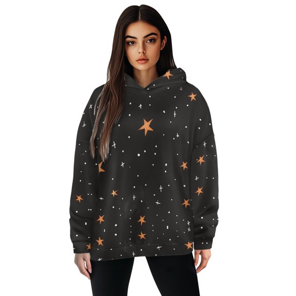 FOR U DESIGNS Black Star Womens Oversized Sweatshirts Hoodies Long Sleeve Shirts Pullover Fall Clothes Size L Graphic Hoodie for Women Trendy Down-Shoulder Collar
