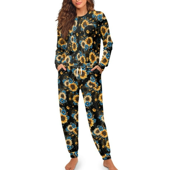 FOR U DESIGNS Black Sunflower Ladies Pajamas Sets Drawstring Pajama 2 Pack Size L Pjs Lightweight Lounge Set with Pockets Sleepwear Long Sleeve Tops and Pants