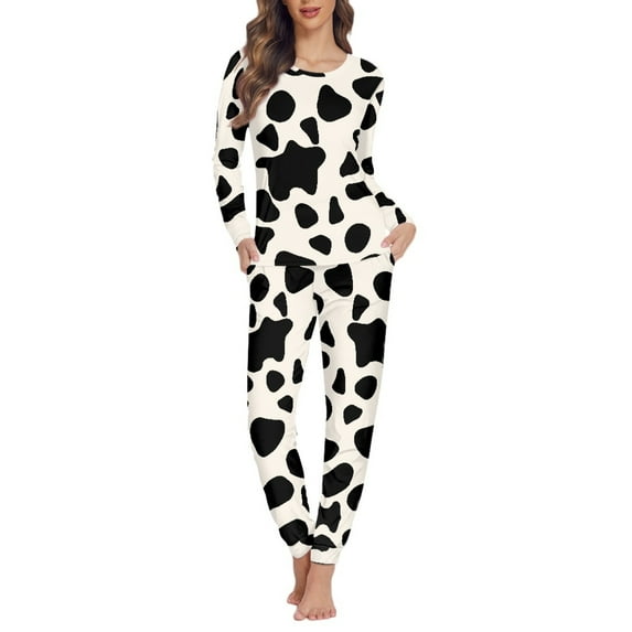 FOR U DESIGNS Black and White Cow Print Women Pjs Sets Long Sleeve and Long Pants 2 Piece Size 3XL Jogger for Women with Pockets Nightwear for Women Fall