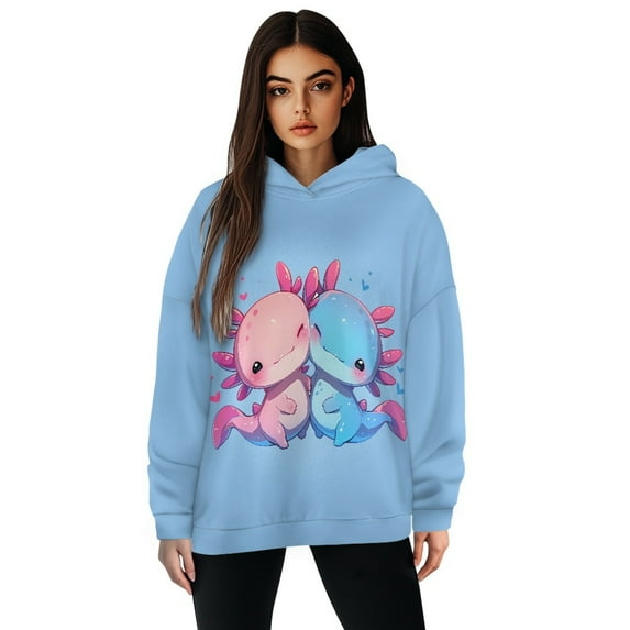 FOR U DESIGNS Blue Axolotl Hooded Sweatshirts Pullover Hoodie for Women Size L Oversized Sweatshirt with Hood Pullover Activewear Loose Fit Tops for Women Winter