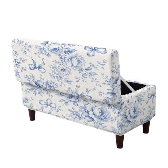 FOR U DESIGNS Blue Bow Flower Print Ottoman Cover for Flip-Top Storage Footstool Stretch Bench Slipcover, Washable Soft Stool Slipcover with Elastic Band Footstool Cover for Bedroom