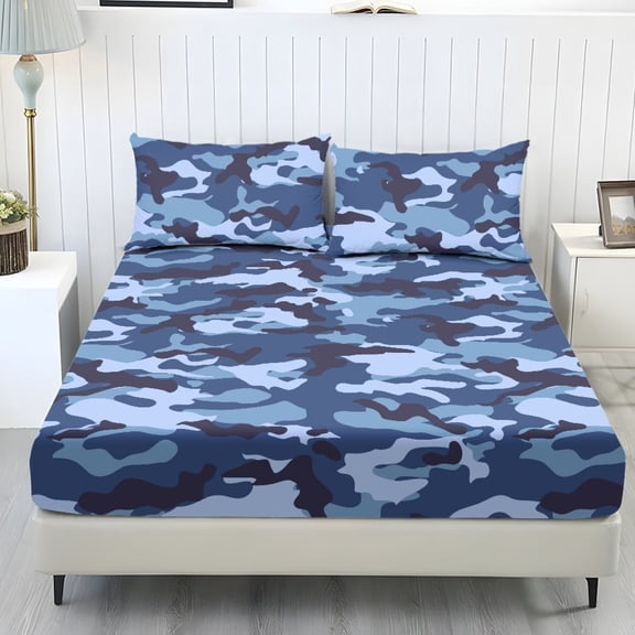 FOR U DESIGNS Blue Camouflage Print Bedding Set 3-Piece Breathable Fitted Sheet Set Breathable Comfy Bedroom Decor Deep Pocket 1 Fitted Sheet and 2 Pillowcases, Twin