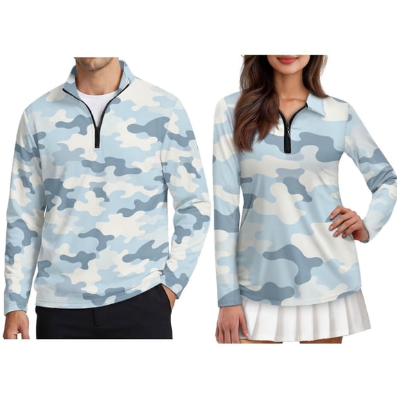 FOR U DESIGNS Blue Camouflage Print Couple Golf Shirts Long Sleeve Quarter Zip Matching Outfits Quick Dry Moisture Wicking Polo for Running Hiking Tennis