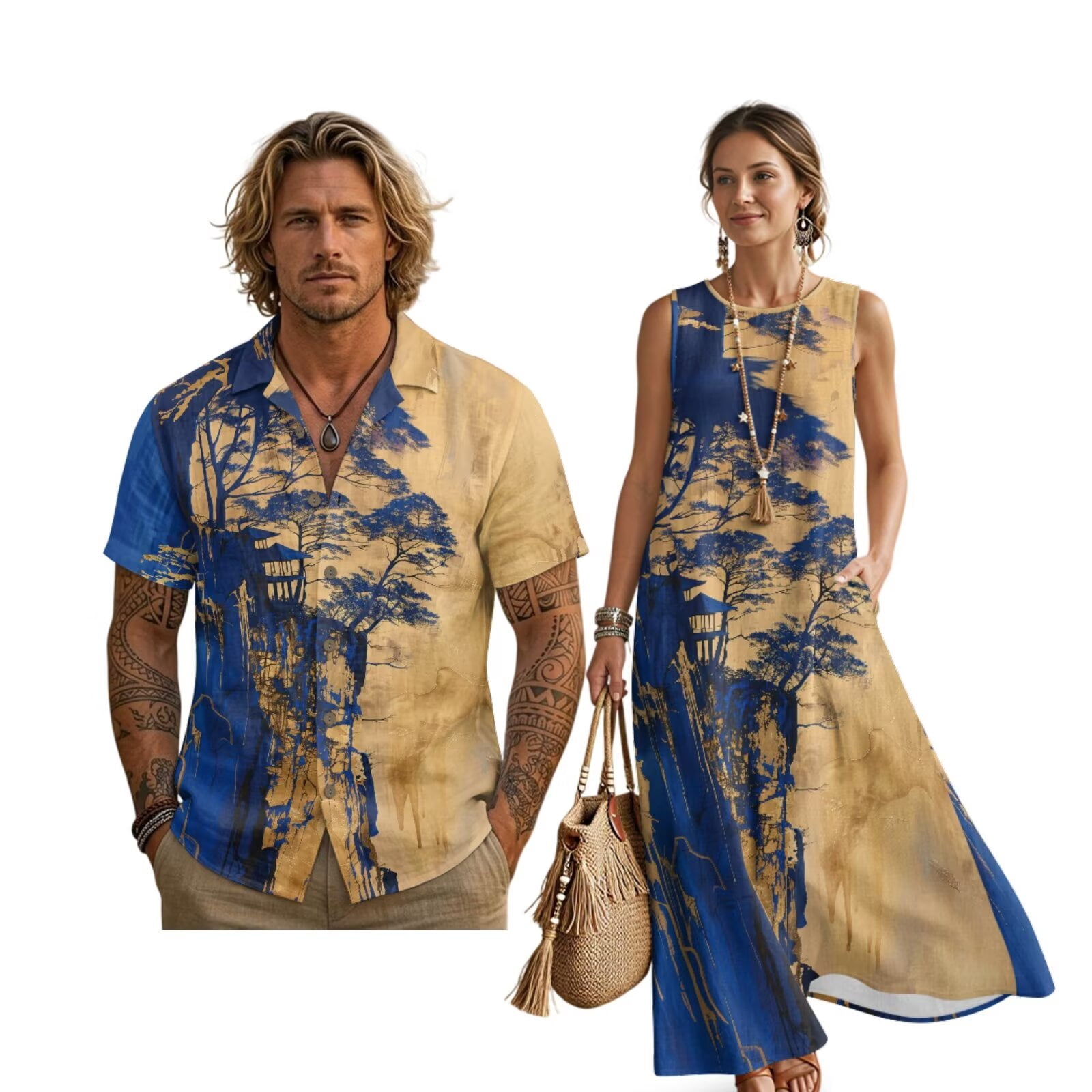 blue or gold dress husband FOR U DESIGNS Mountain Tree Print Matchable Couple Clothes and Wife Clothing Linen-Style Casual Button Shirt and Sleeveless Sundress Summer Color::#14-Light Coral Festive-edit Women's Keep It Straight