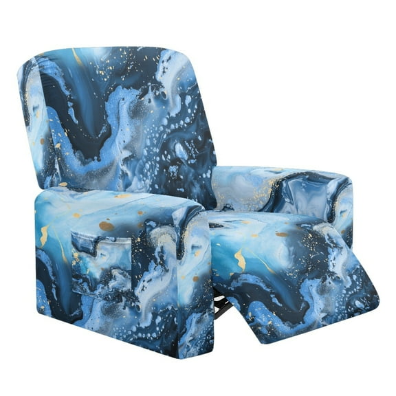 FOR U DESIGNS Blue Marble Print Recliner Chair Covers Anti-Dust Reclining Slipcovers 4-Pieces Soft Recliner Armchair Covers Protector with Storage Pocket