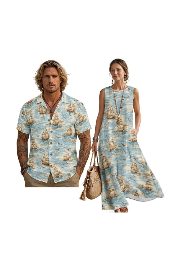 FOR U DESIGNS Blue Sailboat Print Matchable Couple Clothes Hawaiian Husband and Wife Clothing Linen-Style Casual Button Shirt and Sleeveless Sundress Summer Dress