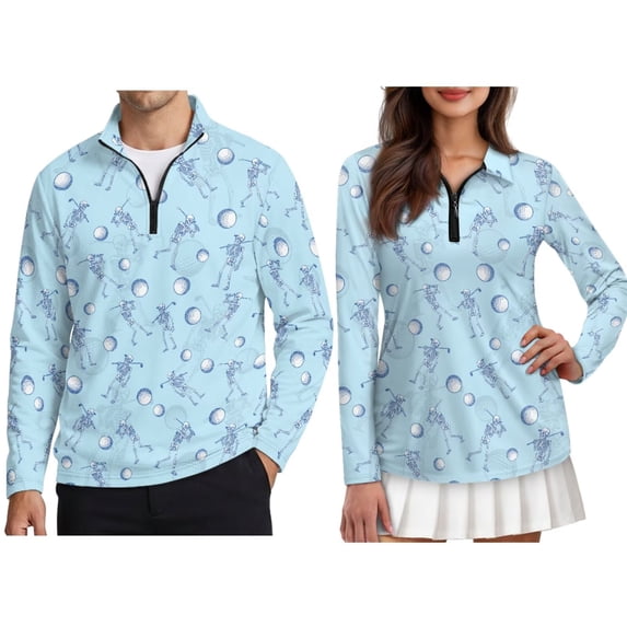 FOR U DESIGNS Blue Skeleton Play Golf Matching Golf Shirts for Couples 1/4 Zip Up Polo Shirts for Men Women Couples Matching Outfits Long Sleeve Golf Polos