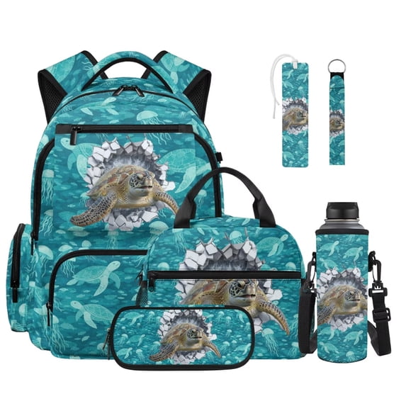 FOR U DESIGNS Blue Turtle Jellyfish Print Backpack Set for Elementary Kids 6Pcs, Multi-Pockets Bookbag with Lunch Box Pencil Case Water Bottle Carrier Leather Bookmark Keychain