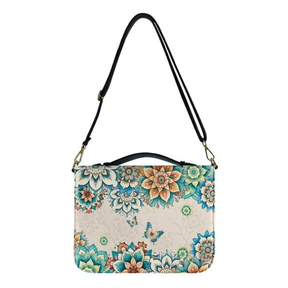FOR U DESIGNS Boho Mandala Flower Bible Cover Butterfly Bible Bags for Women Tote Aesthetic PU Leather Bible Book Carrying Bag Tote Bag Reusable Bible Bag with Handle Size L
