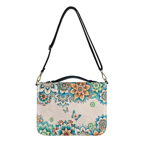 FOR U DESIGNS Boho Mandala Flower Bible Cover Butterfly Bible Bags for Women Tote Aesthetic PU Leather Bible Book Carrying Bag Tote Bag Reusable Bible Bag with Handle Size L