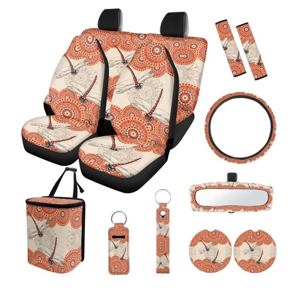 FOR U DESIGNS Boho Mandala Flower Dragonfly Print 13 Pieces Car Accessories Set Car Seat Covers Steering Wheel Cover Coasters Trash Can Rear View Mirror Cover Seatbelt Covers Keychains for SUV Truck
