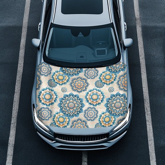 FOR U DESIGNS Boho Mandala Flower Pattern Car Hood Cover Frostproof Portable Automotive Hood Covers Stretchable Polyester Auto Engine Cover Auto Hood Decoration and Protection