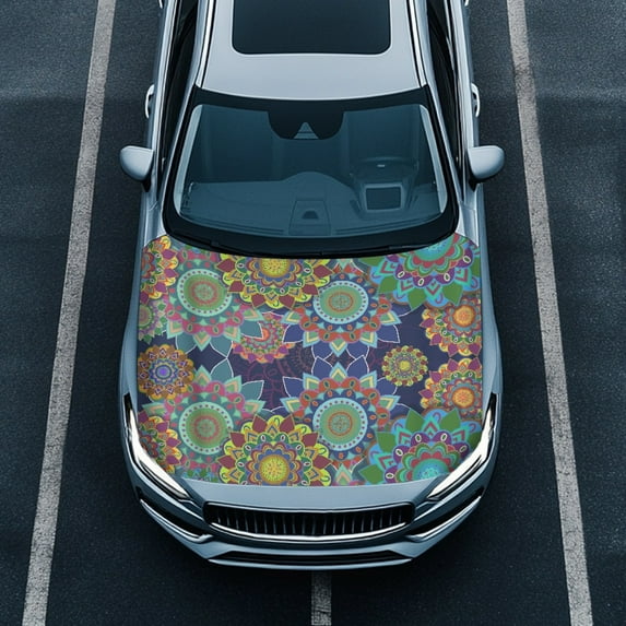 FOR U DESIGNS Boho Mandala Print Car Hood Cover 59.05" x 39.37" Auto Flag Hood Cover for Trucks SUV Van, Polyester Material Car Hood Protector with Strape Reinforcement