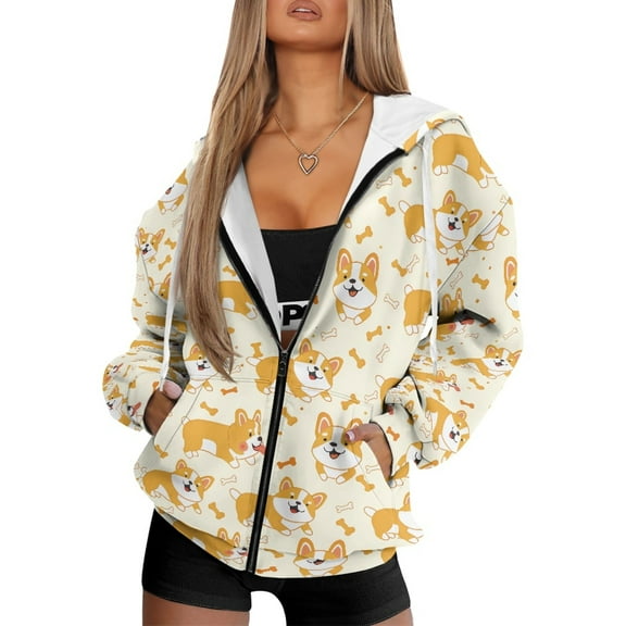 FOR U DESIGNS Bone Corgi Hoodie Jacket for Women with Zipper Hoodies Oversized Hooded Long Cardigans for Women with Pockets Size M Women Long Sleeve Polyester Tops