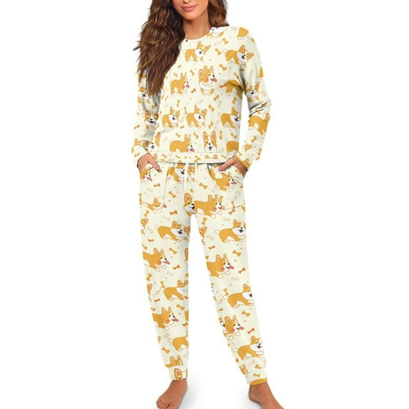 FOR U DESIGNS Bone Corgi Womens Pajamas with Drawstring Pants Set of 2 Size 2XL Nightwear Long Sleeve Crew Neck Tops and Pants with Pockets for Women Jogger Sleepwear