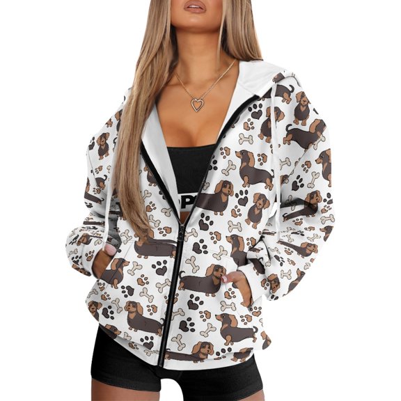 FOR U DESIGNS Bone Dachshund Zipper Hoodies for Women Cardigan Sweatshirts Lightweight Hooded Size L Oversized Zip Up Hoodie for Women Long Sleeve Sportswear Winter