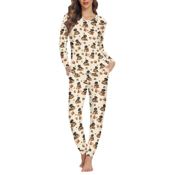 FOR U DESIGNS Book Dog Footprints Dachshund Pajama Set Long Sleeve Top with Crew Neck for Women Sleepwear Sets for Women 2 Pack Size L Womens Nightwear Pants