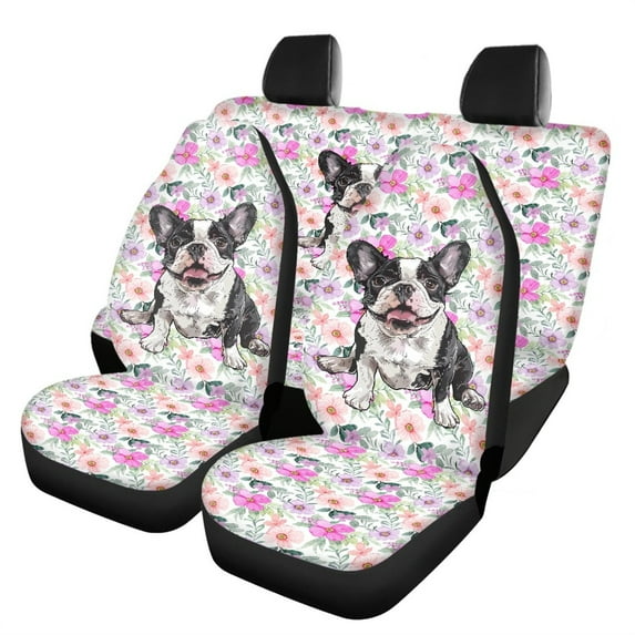 FOR U DESIGNS Boston Terrier Flower Pattern Car Seat Covers Full Set Comfortable Front & Split Rear Bench for Car Elastic Low Back Front Seat Covers Universal Fit for Vehicles Trucks and SUVs