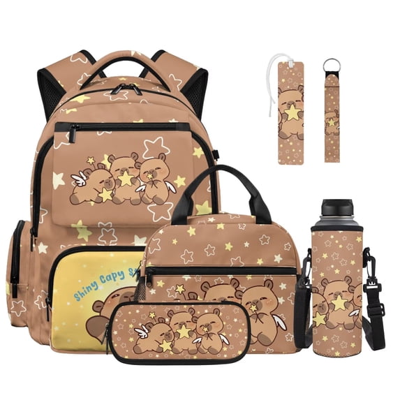 FOR U DESIGNS Brown Capybara Star Print 6Pcs Backpack Set for Kids, Bookbag with Water Bottle Sleeve Lunch Box Pencil Case Leather Bookmark Keychain, Lightweight Book Bag for School Trip