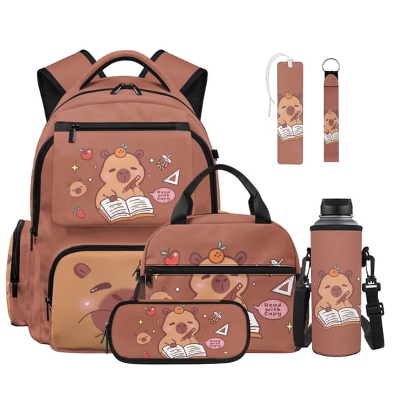 FOR U DESIGNS Brown Capybara Study Print Backpack 6Pcs Set for Middle School Elementary, Lightweight Bookbag with Lunch Box Pencil Case Water Bottle Sleeve Leather Bookmark Keychain
