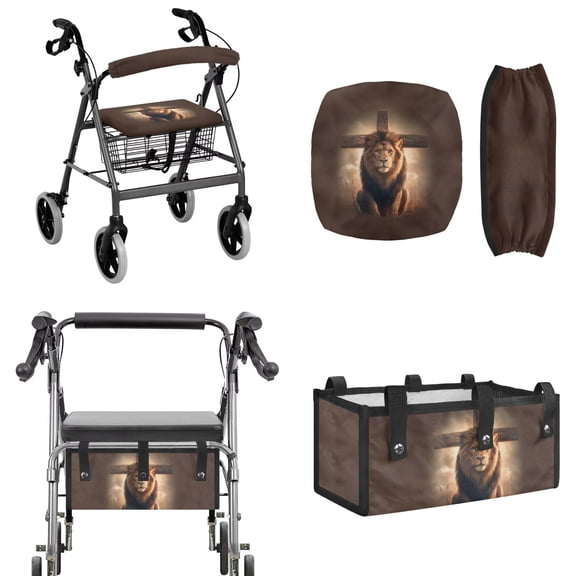 FOR U DESIGNS Brown Lion Cross Print 3PCS Rollator Walker Accessories Set for Seniors Walker Seat and Backrest Cover Large Capacity Storage Under Seat Accessories for Four Wheel Rollator