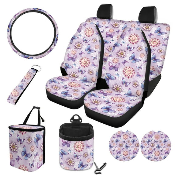FOR U DESIGNS Butterfly Boho Mandala Pattern Car Seat Covers Set of 10 Camo Dustproof Front Rear Seat Covers Steering Wheel Cover Car Trash Bin Air Vent Pouch Coasters Keychain Automotive Interior