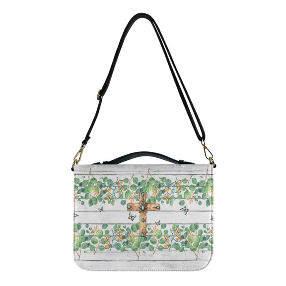 FOR U DESIGNS Butterfly Cross Bible Case for Men Green Leaves Wood Leather Bible Case for Girl Size Large with Adjustable Strap Church Bag Book Carrying Case Bible Accessories