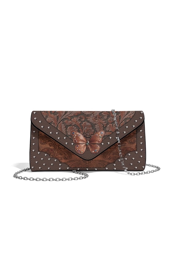 FOR U DESIGNS Butterfly Floral Brown Clutch Purses for Women Personalized Ladies Party Handbag PU Leather Crossbody Shoulder Bag with Detachable Chain