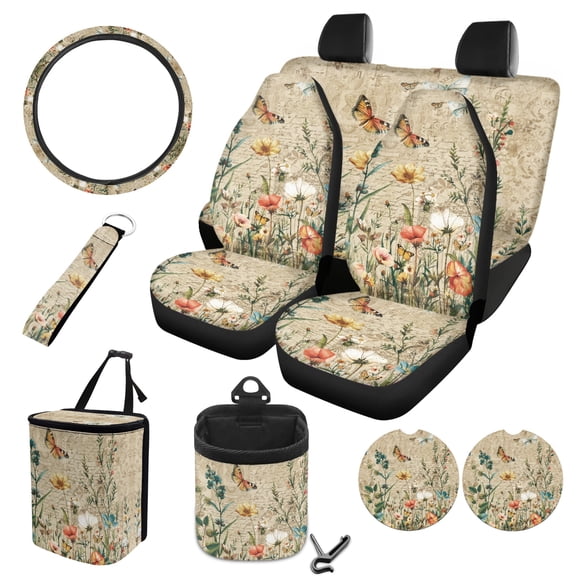FOR U DESIGNS Butterfly Flower Print 10 Pcs Car Seat Covers Set Elastic Front Rear Seat Covers, Steering Wheel Cover, Car Air Vent Storage, Car Garbage Can, Coaster, Keychain for Vehicle SUV Truck