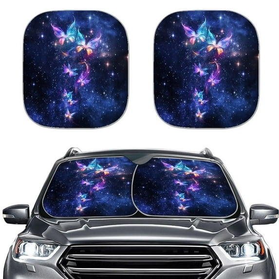 FOR U DESIGNS Butterfly Galaxy Car Sunshade for Sedan SUV Truck Foldable UV Ray Reflector Anti-Dirty Vehicle Front Window Sun Shade 2 Pack Automobile Accessiores