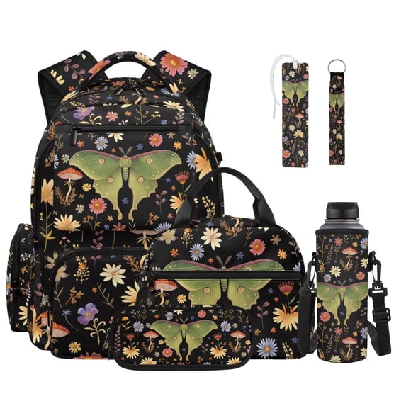 FOR U DESIGNS Butterfly Mushroom Daisy Floral Print Backpack and Lunch Bag Set Multi-Pockets Backpack with Pencil Case Water Bottle Sleeve Bookmark Keychain Book Bag for Kids Primary