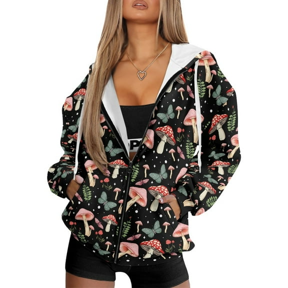 FOR U DESIGNS Butterfly Mushroom Women Hooded Zipper Sweatshirt Oversized Comfy Hoodies Size XS Sweatshirts for Women Loose Fit Down-Shoulder Collar Hoodie Sportswear