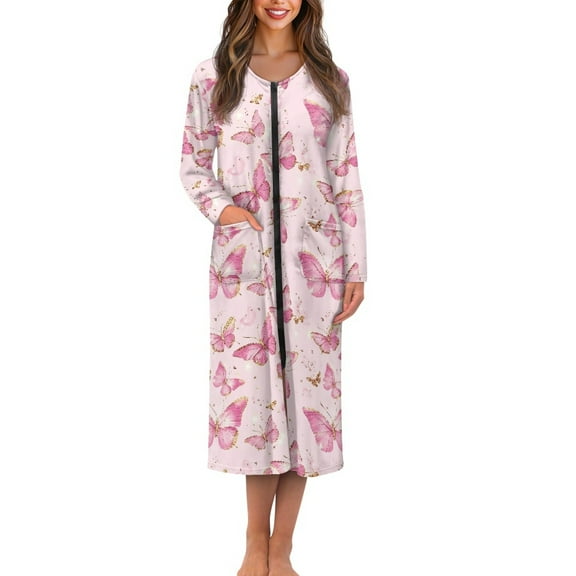 FOR U DESIGNS Butterfly Pink Print Womens Nightgown Soft Womens Embroidered Housecoat Lightweight Elastic Fabric Robes for Women House Coat with Pockets, L