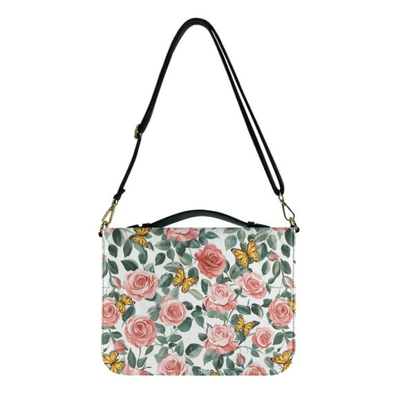 FOR U DESIGNS Butterfly Rose Bible Case for Women PU Floral Print Bible Protective Bag Size Medium with Adjustable Strap Bible Case Carrying Book Cases Casual Bible Cover for Bible Study