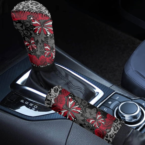 FOR U DESIGNS Butterfly Rose Grey Pattern 2 Pcs Car Handbrake Cover Set with Gear Shift Cover, Waterproof Auto Handbrake Grip Cover Car Accessories Universal Fit for SUV Sedan Van