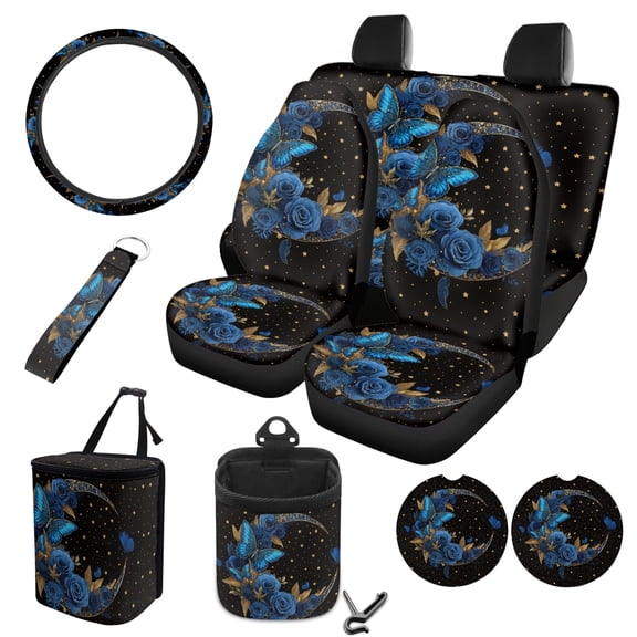 FOR U DESIGNS Butterfly Rose Moon Star Pattern 10 Pieces Car Seat Covers Set Waterproof Steering Wheel Cover and Car Trash Bin with Car Air Vent Storage Cup Holders Keychain Universal Fit for Suv