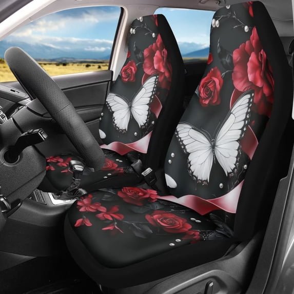 FOR U DESIGNS Butterfly Rose Pattern Car Seat Covers Breathable Car Seat Cover Protector Set for Front Seat, 2 PCS Stretchy Auto Interior Covers Fit for SUV, Truck, Van