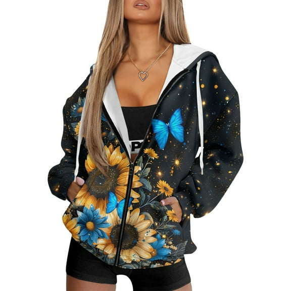 FOR U DESIGNS Butterfly Sunflower Hoodie Jacket for Women with Zipper Oversized Hoodies Size L Lightweight Hooded Zip Up Sweatshirt Women Down-Shoulder Collar Sportswear