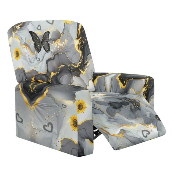 FOR U DESIGNS Butterfly Sunflower Marble Print Recliner Chair Covers Anti-Dust Reclining Slipcovers 4-Pieces Soft Recliner Armchair Covers Protector with Storage Pocket