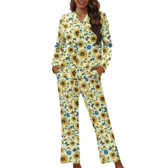FOR U DESIGNS Butterfly Sunflower Womens Button Up Pajama Sets Button Down NightShirts for Women Sleepwear 2 Pack Size M Womens Nightwear Sets Button Front Winter