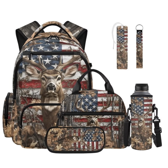FOR U DESIGNS Camo Deer Flag Print Backpack And Lunch Box Set, Large Capacity Schoolbag With Lunch Bag Pencil Bag Water Bottle Holder Keychain Bookmark Back to School Gifts, 250th Anniversary