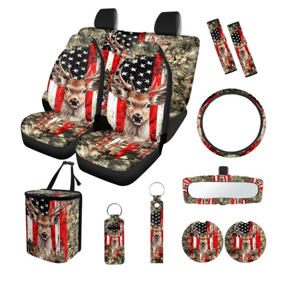 FOR U DESIGNS Camo Flag Deer Print 13 PCS Car Seat Covers Set with Steering Wheel Cover, Seat Belt Pads, Car Trash Can, Rearview Mirror Cover, Cup Coasters Keychains Universal Fit