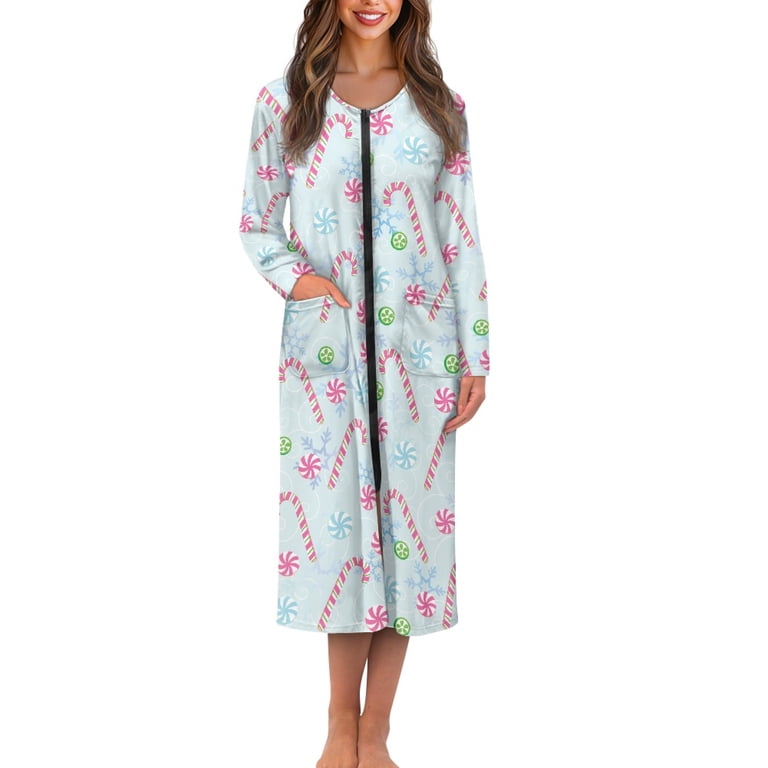 ForUDesigns for U Designs Candy Cane Blue Print House Dresses for Women Breathable House Dress with Pockets, Zip Up Elastic Fabric Robes for Women