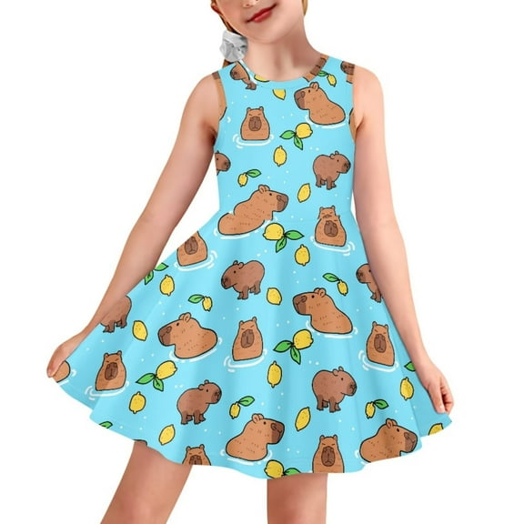 FOR U DESIGNS Capybara Lemon Tank Dress Girls Knee Length Princess Dress Blue Kids High Waistline Pleat Dresses Size 7-8T Lightweight Sleeveless School Twirly Skater Dress